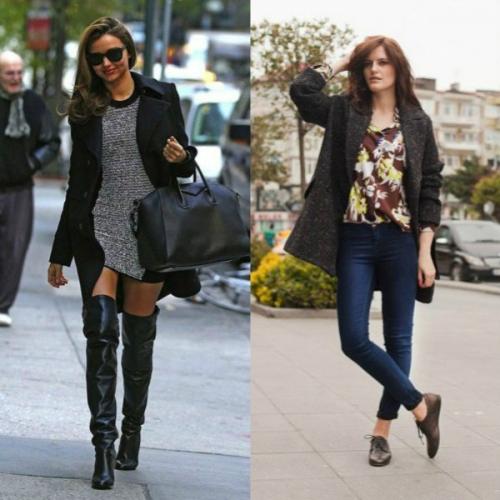 Пальто с короткими ботинками на каблуке. Пальто до колена, выше колена и ниже колена – подбираем обувь для каждого случая