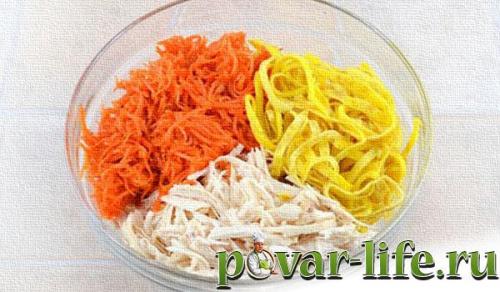 Салат с омлетным блином. Салат с курицей и омлетными блинчиками