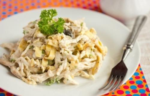 Салат с курицей и грибами и омлетом. Рецепт с омлетом и курицей
