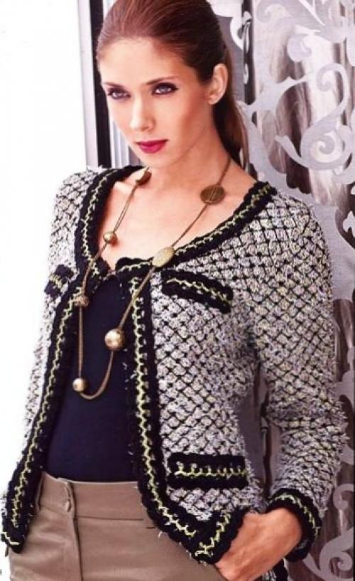 Вязаные жакеты спицами в стиле Шанель. Вязаный жакет Шанель спицами схема с описанием