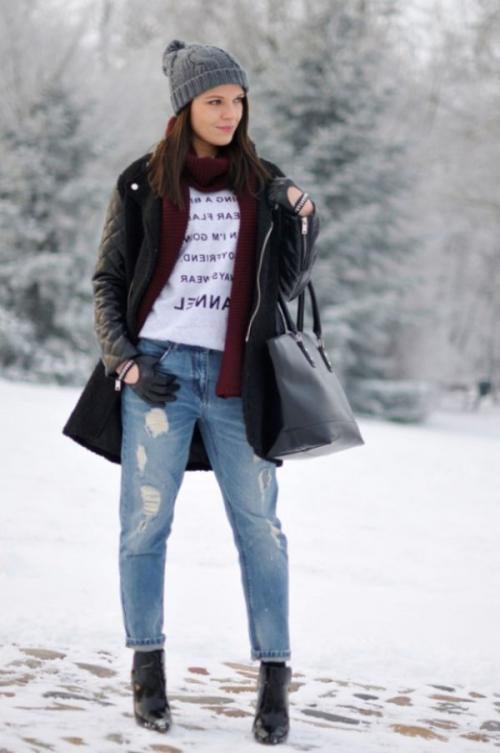 С чем носить широкие джинсы зимой. Как модно носить джинсы зимой
