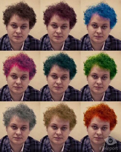Социальные сети взорвало новое мобильное приложение Teleport, которое автоматически за 1 секунду превращает фото в коллаж с разными цветами волос. 01
